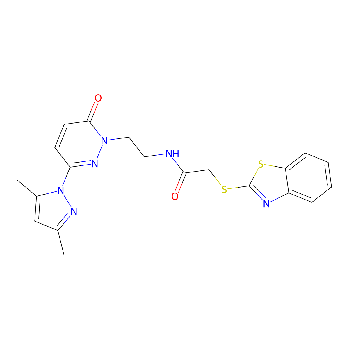 2-(benzo[d]thiazol-2-ylthio)-N-(2-(3-(3,5-dimethyl-1H-pyrazol-1-yl)-6-oxopyridazin-1(6H)-yl)ethyl)acetamide molecular structure, CAS 1351602-83-9