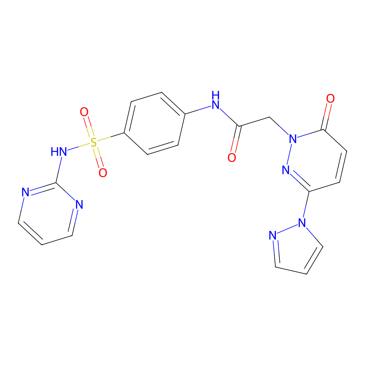 2-(6-oxo-3-(1H-pyrazol-1-yl)pyridazin-1(6H)-yl)-N-(4-(N-(pyrimidin-2-yl)sulfamoyl)phenyl)acetamide molecular structure, CAS 1351604-69-7
