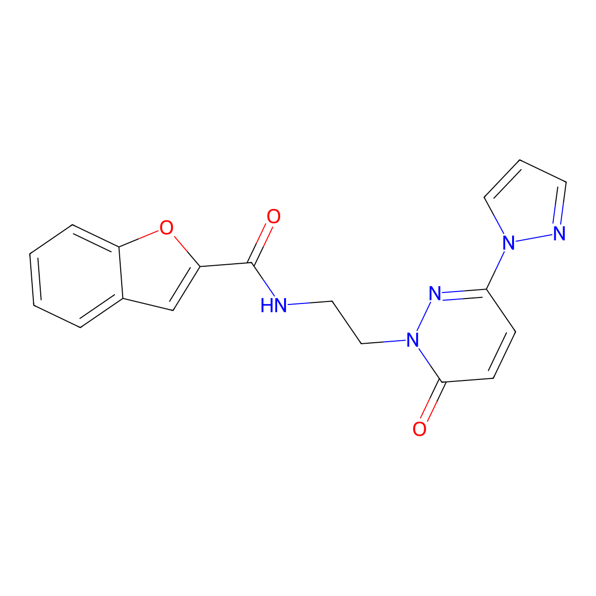N-(2-(6-oxo-3-(1H-pyrazol-1-yl)pyridazin-1(6H)-yl)ethyl)benzofuran-2-carboxamide molecular structure, CAS 1351604-70-0