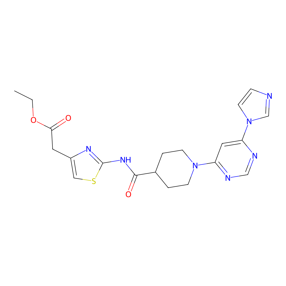 ethyl 2-(2-(1-(6-(1H-imidazol-1-yl)pyrimidin-4-yl)piperidine-4-carboxamido)thiazol-4-yl)acetate molecular structure, CAS 1351604-91-5