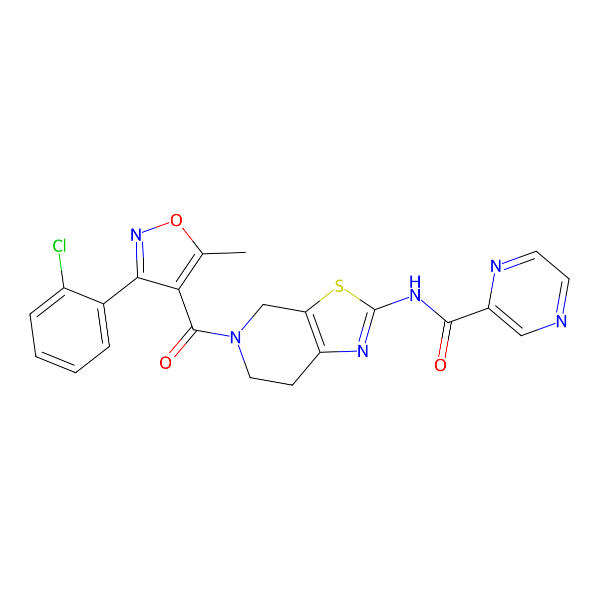 N-(5-(3-(2-chlorophenyl)-5-methylisoxazole-4-carbonyl)-4,5,6,7-tetrahydrothiazolo[5,4-c]pyridin-2-yl)pyrazine-2-carboxamide molecular structure, CAS 1351604-99-3