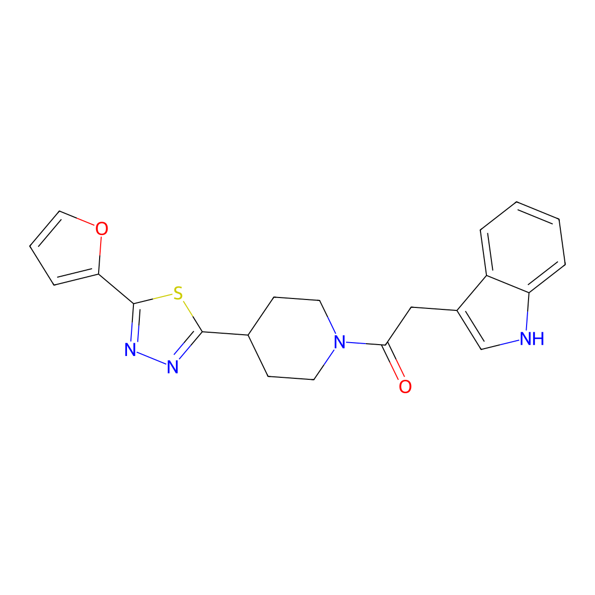 1-(4-(5-(furan-2-yl)-1,3,4-thiadiazol-2-yl)piperidin-1-yl)-2-(1H-indol-3-yl)ethanone molecular structure, CAS 1351605-07-6