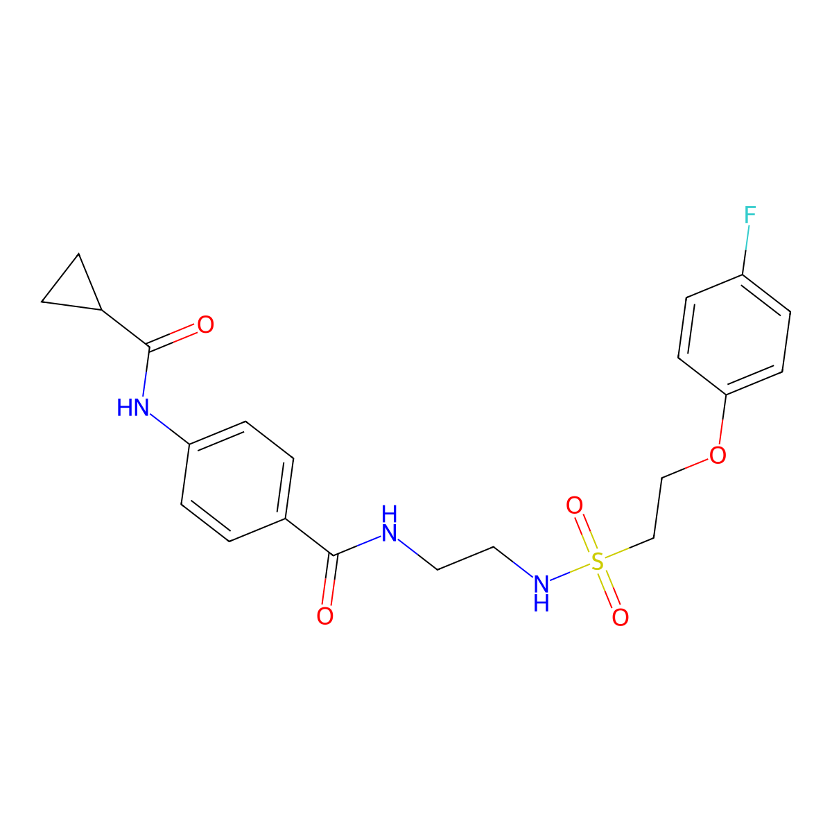 4-cyclopropaneamido-N-{2-[2-(4-fluorophenoxy)ethanesulfonamido]ethyl}benzamide molecular structure, CAS 1351605-08-7