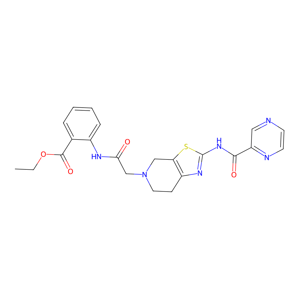 ethyl 2-(2-(2-(pyrazine-2-carboxamido)-6,7-dihydrothiazolo[5,4-c]pyridin-5(4H)-yl)acetamido)benzoate molecular structure, CAS 1351605-11-2