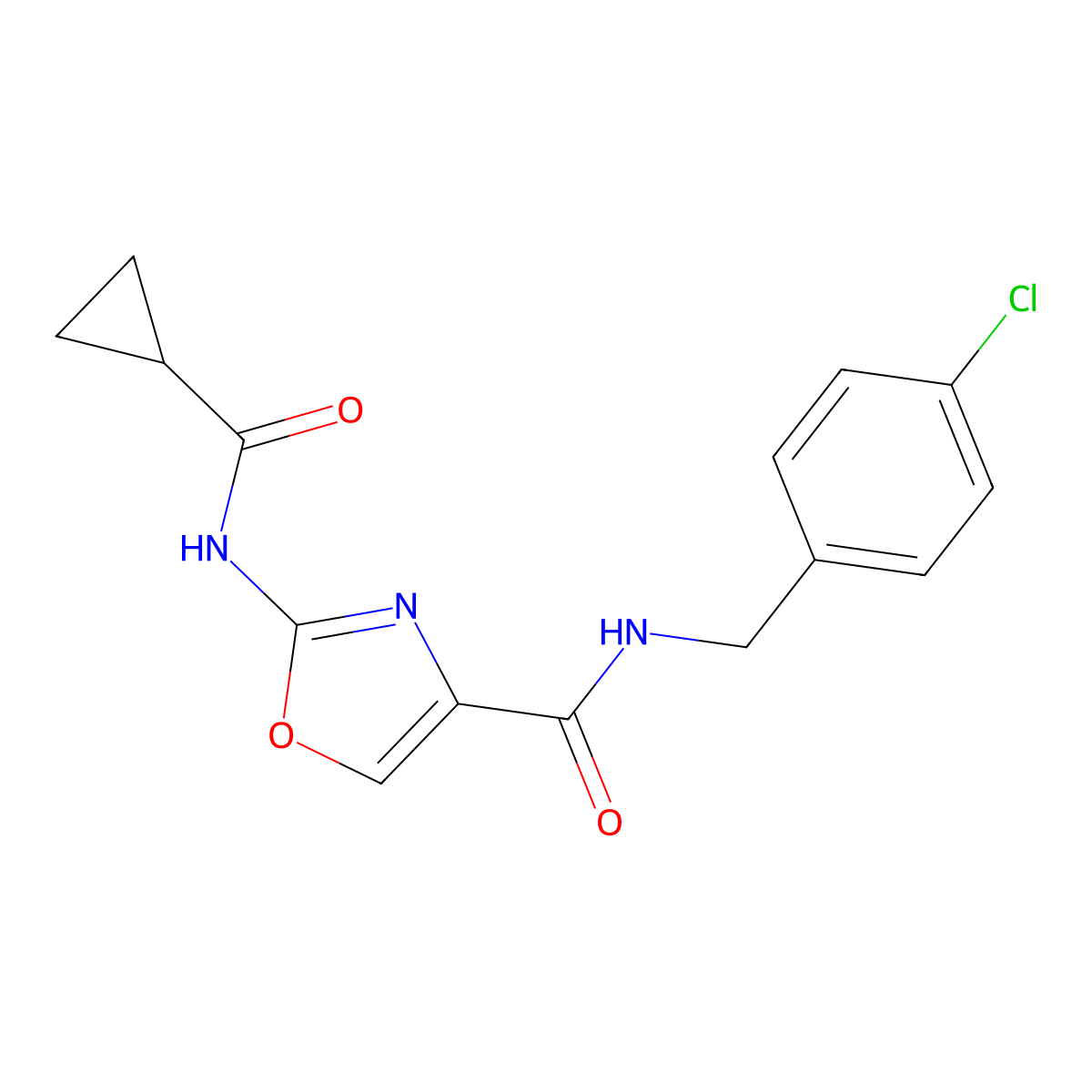 N-(4-chlorobenzyl)-2-(cyclopropanecarboxamido)oxazole-4-carboxamide molecular structure, CAS 1351605-21-4
