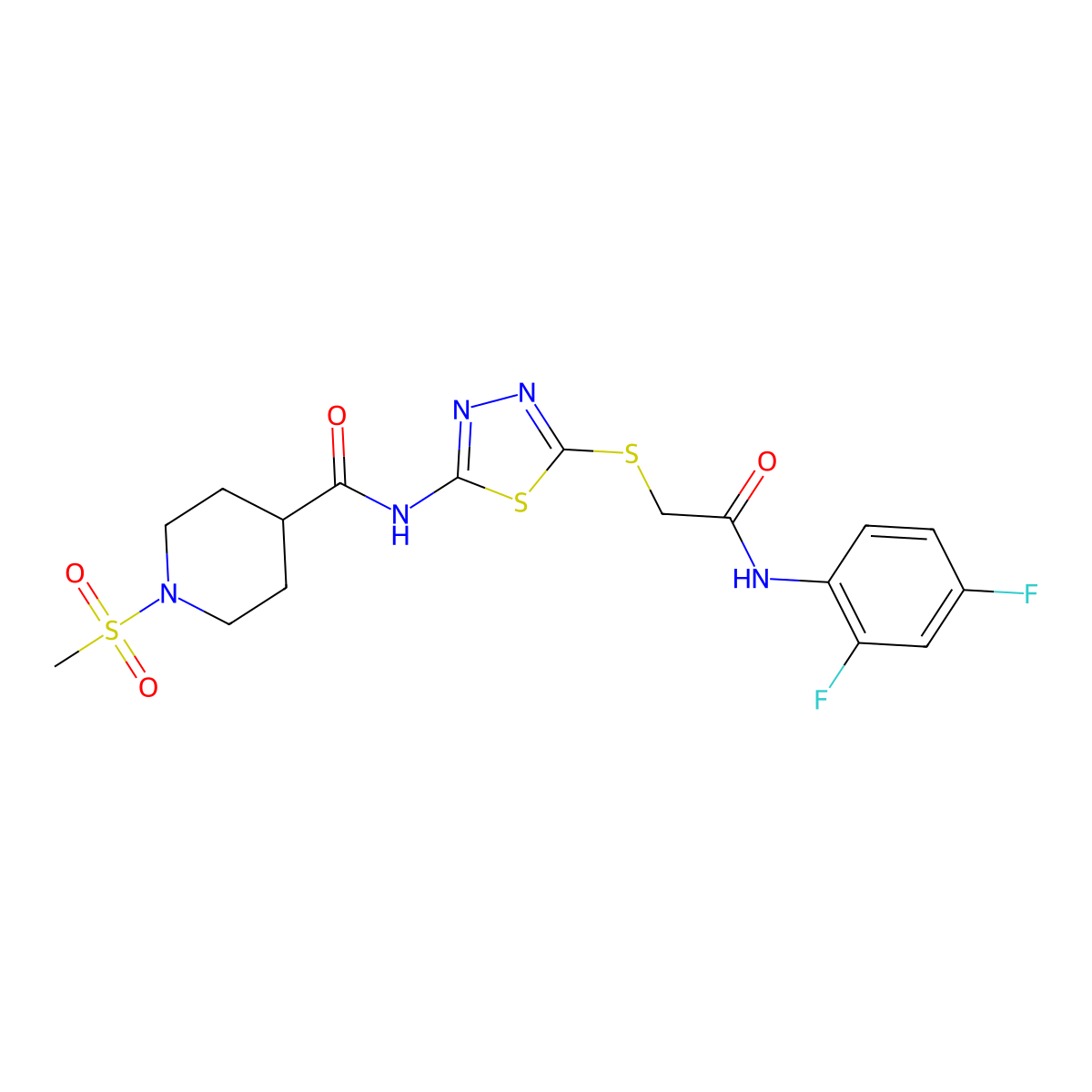N-(5-((2-((2,4-difluorophenyl)amino)-2-oxoethyl)thio)-1,3,4-thiadiazol-2-yl)-1-(methylsulfonyl)piperidine-4-carboxamide molecular structure, CAS 1351605-22-5