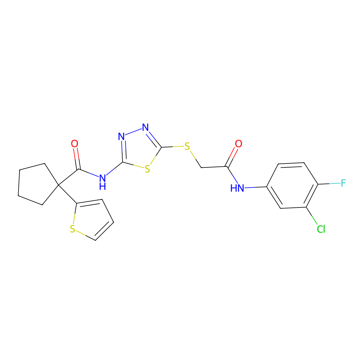 N-(5-((2-((3-chloro-4-fluorophenyl)amino)-2-oxoethyl)thio)-1,3,4-thiadiazol-2-yl)-1-(thiophen-2-yl)cyclopentanecarboxamide molecular structure, CAS 1351605-28-1