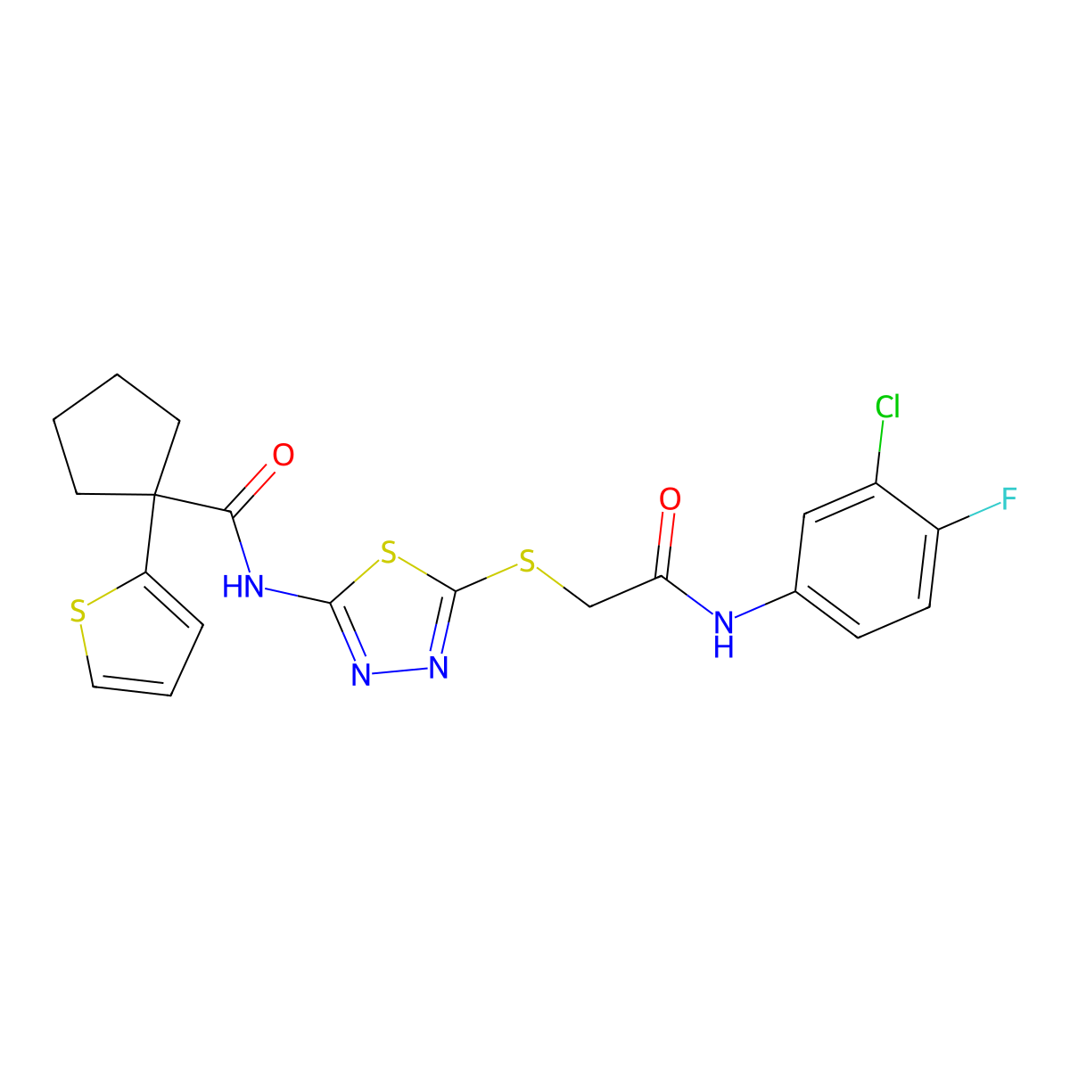 N-(5-((2-((3-chloro-4-fluorophenyl)amino)-2-oxoethyl)thio)-1,3,4-thiadiazol-2-yl)-1-(thiophen-2-yl)cyclopentanecarboxamide molecular structure, CAS 1351605-28-1