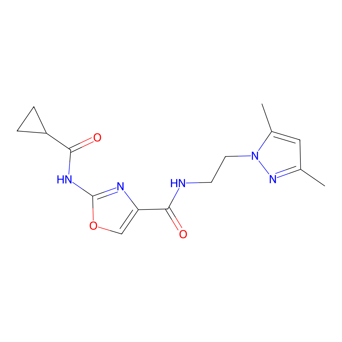 2-(cyclopropanecarboxamido)-N-(2-(3,5-dimethyl-1H-pyrazol-1-yl)ethyl)oxazole-4-carboxamide molecular structure, CAS 1351605-31-6