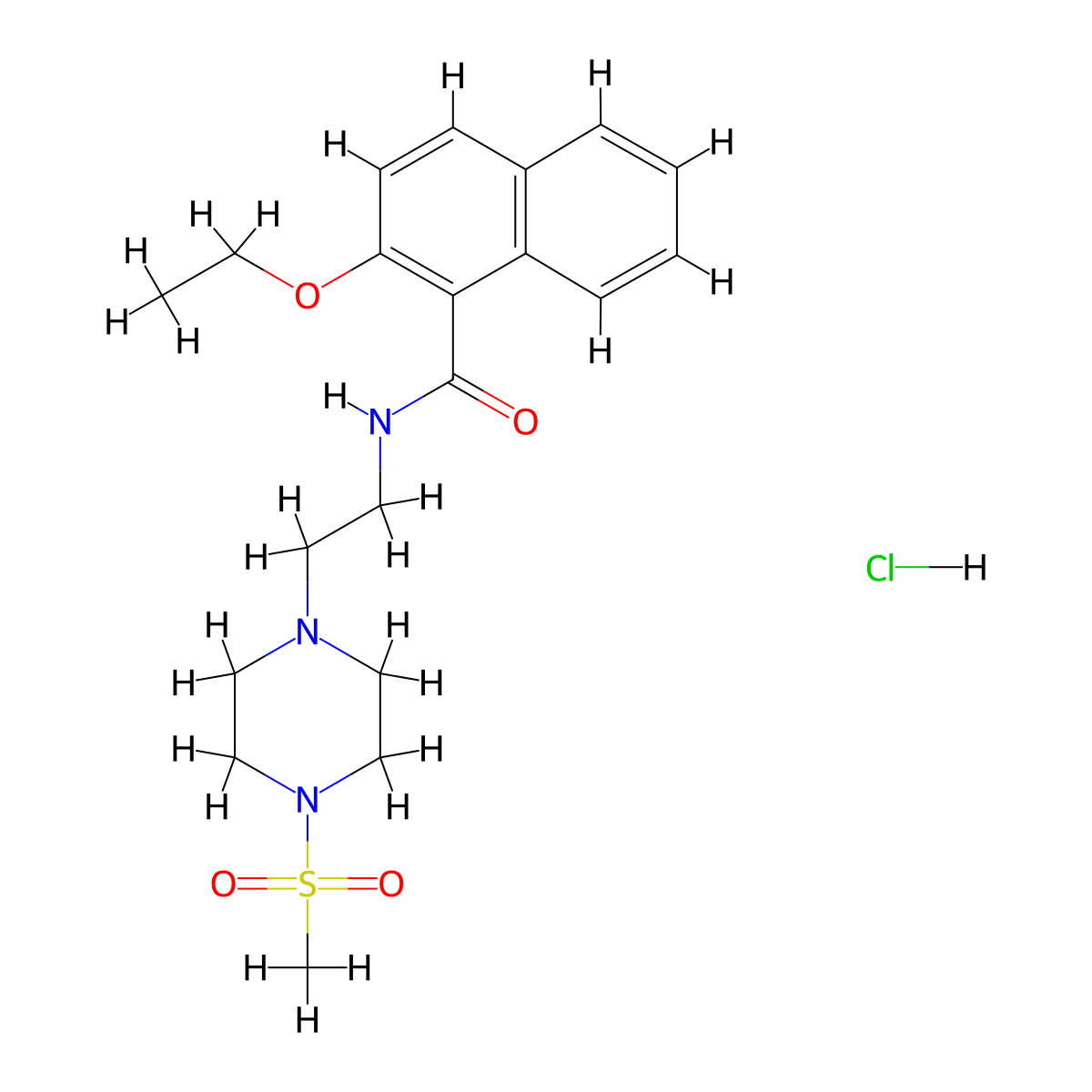 2-ethoxy-N-(2-(4-(methylsulfonyl)piperazin-1-yl)ethyl)-1-naphthamide hydrochloride molecular structure, CAS 1351605-35-0
