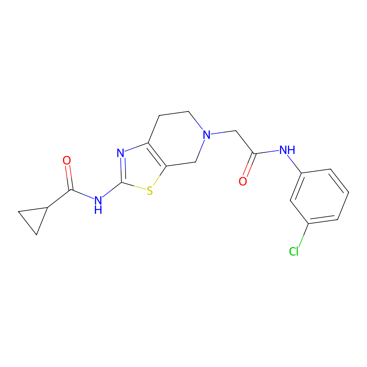 N-(5-(2-((3-chlorophenyl)amino)-2-oxoethyl)-4,5,6,7-tetrahydrothiazolo[5,4-c]pyridin-2-yl)cyclopropanecarboxamide molecular structure, CAS 1351605-39-4