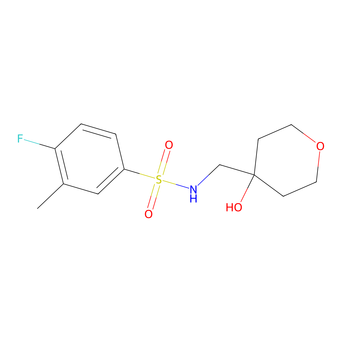 4-fluoro-N-((4-hydroxytetrahydro-2H-pyran-4-yl)methyl)-3-methylbenzenesulfonamide molecular structure, CAS 1351605-40-7