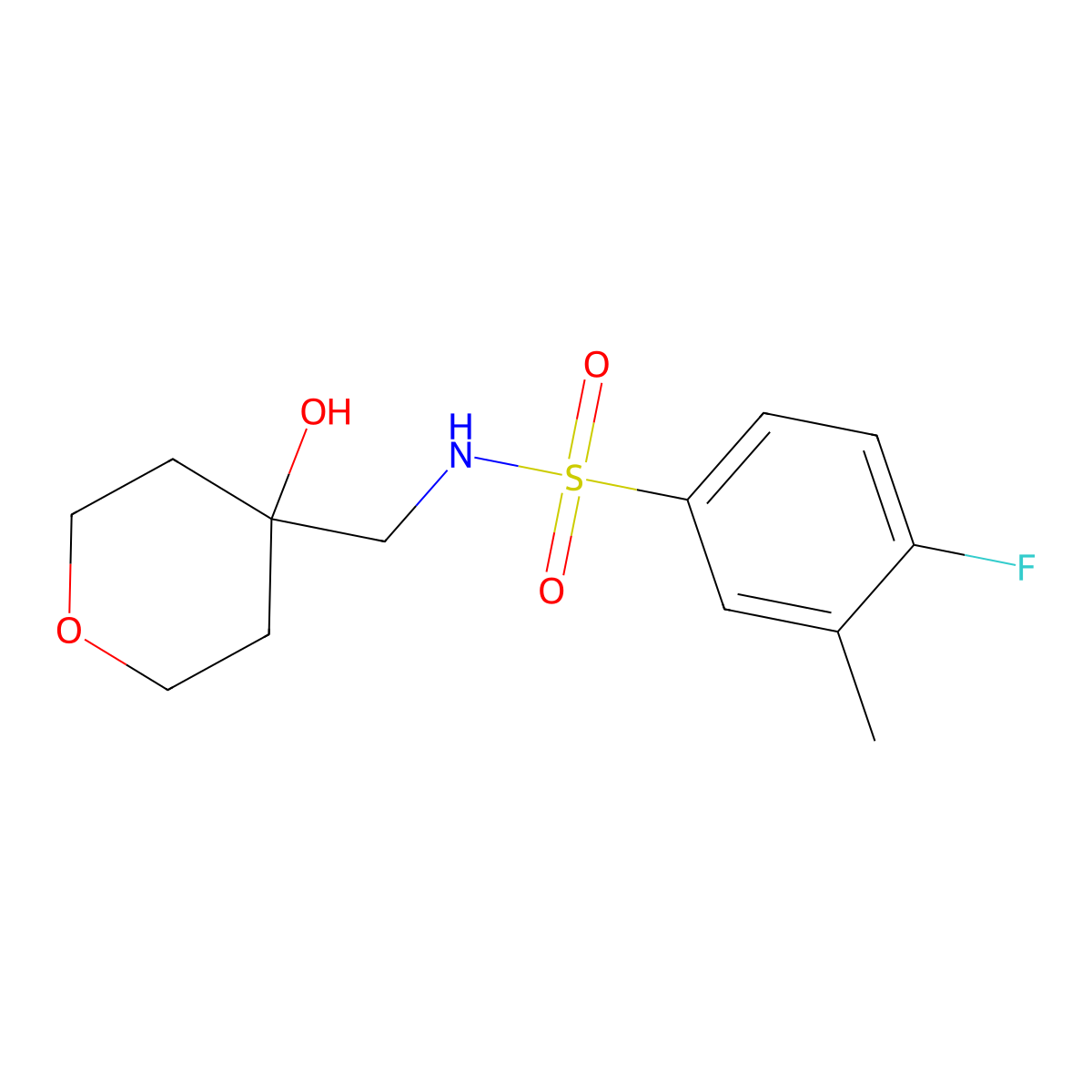 4-fluoro-N-((4-hydroxytetrahydro-2H-pyran-4-yl)methyl)-3-methylbenzenesulfonamide molecular structure, CAS 1351605-40-7