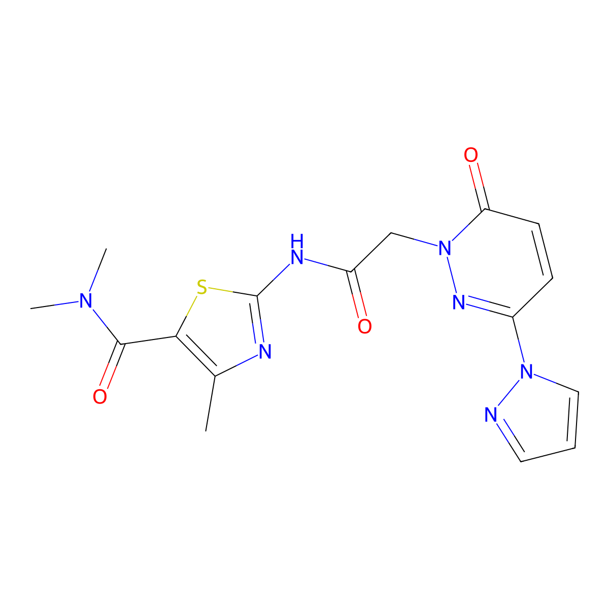 N,N,4-trimethyl-2-(2-(6-oxo-3-(1H-pyrazol-1-yl)pyridazin-1(6H)-yl)acetamido)thiazole-5-carboxamide molecular structure, CAS 1351605-45-2