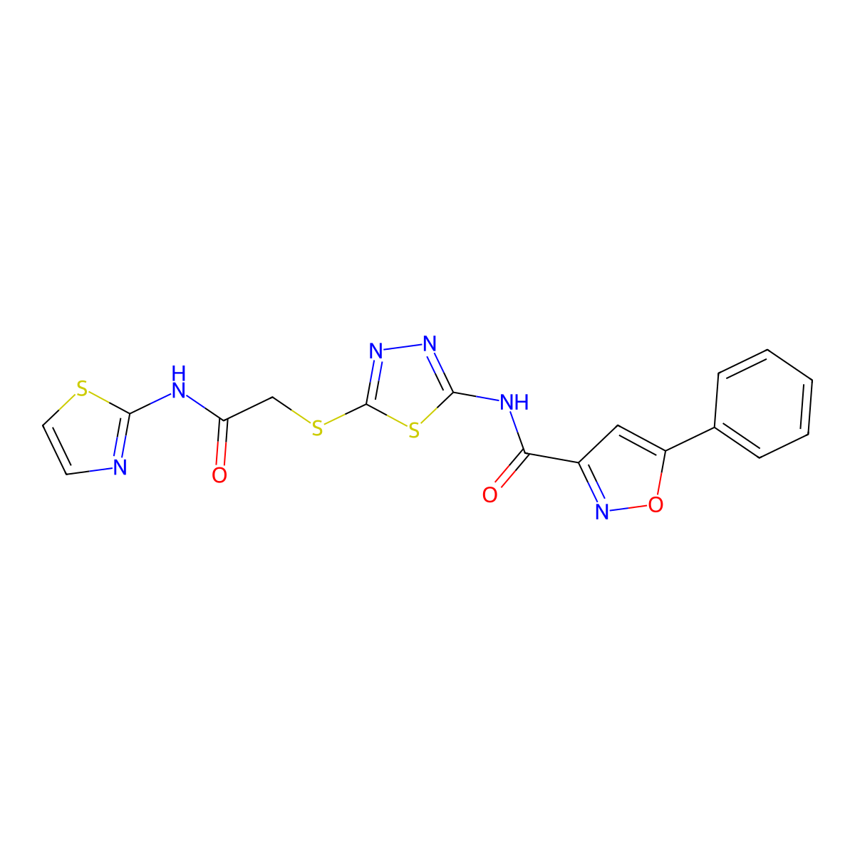 N-(5-((2-oxo-2-(thiazol-2-ylamino)ethyl)thio)-1,3,4-thiadiazol-2-yl)-5-phenylisoxazole-3-carboxamide molecular structure, CAS 1351605-57-6
