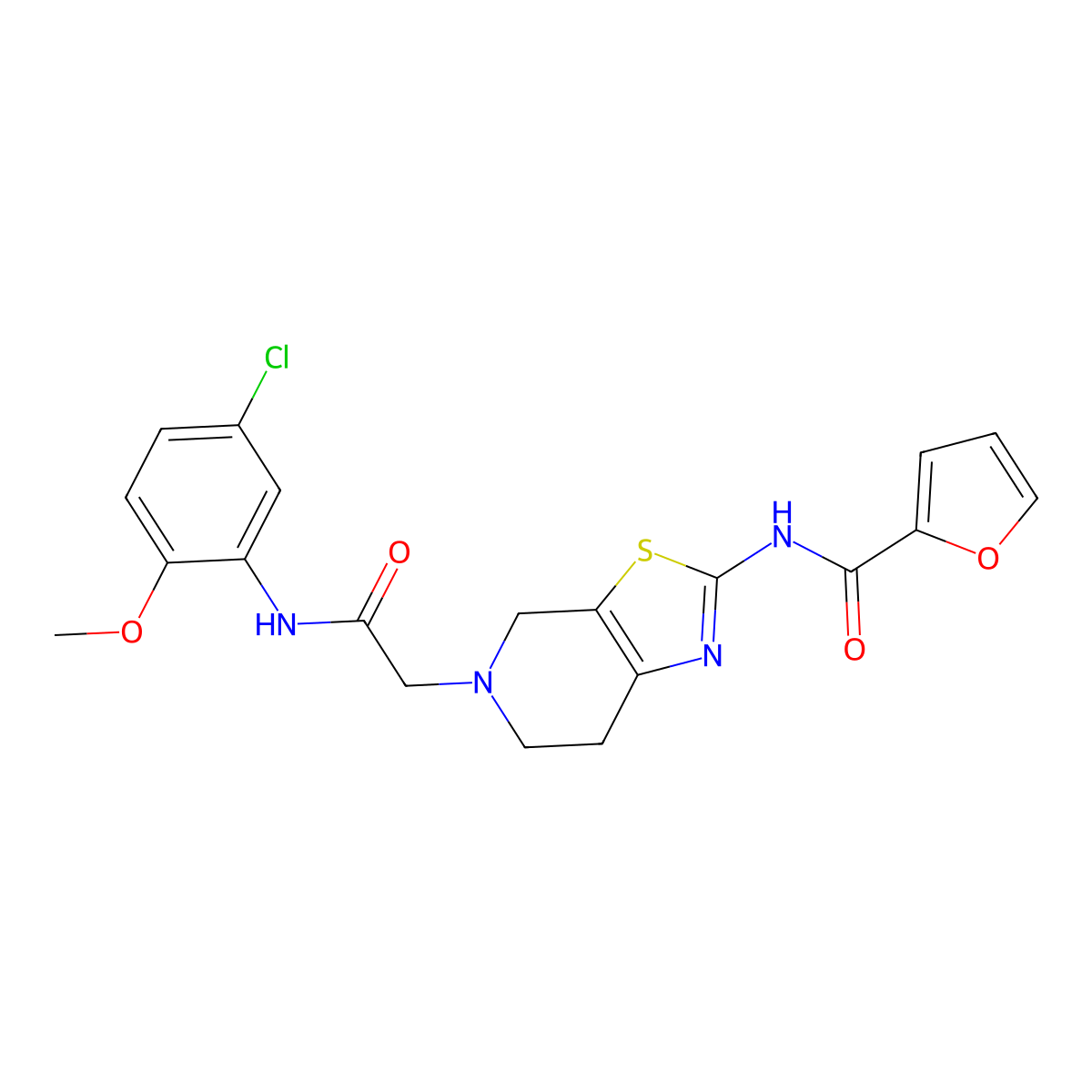 N-(5-(2-((5-chloro-2-methoxyphenyl)amino)-2-oxoethyl)-4,5,6,7-tetrahydrothiazolo[5,4-c]pyridin-2-yl)furan-2-carboxamide molecular structure, CAS 1351606-88-6