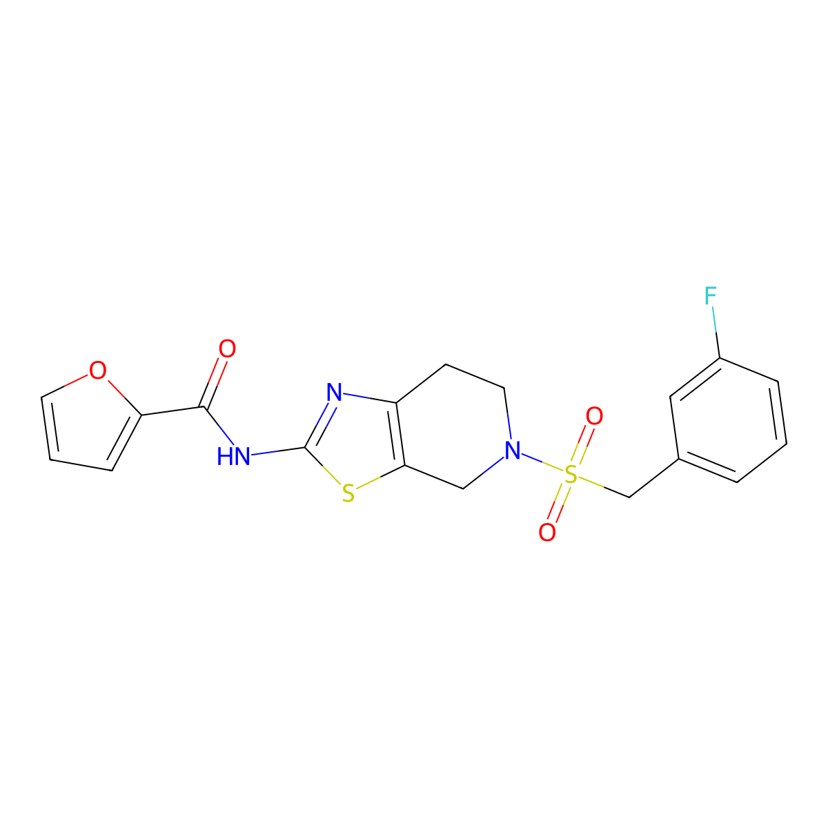 N-(5-((3-fluorobenzyl)sulfonyl)-4,5,6,7-tetrahydrothiazolo[5,4-c]pyridin-2-yl)furan-2-carboxamide molecular structure, CAS 1351606-92-2