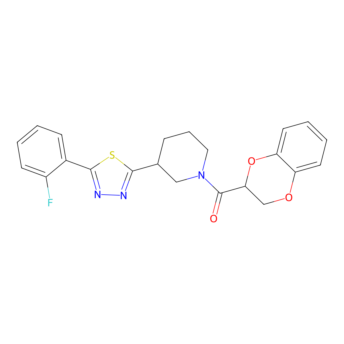 (2,3-Dihydrobenzo[b][1,4]dioxin-2-yl)(3-(5-(2-fluorophenyl)-1,3,4-thiadiazol-2-yl)piperidin-1-yl)methanone molecular structure, CAS 1351606-96-6