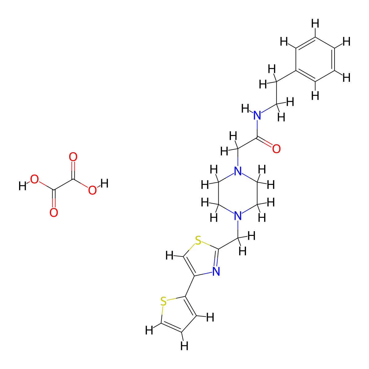 N-phenethyl-2-(4-((4-(thiophen-2-yl)thiazol-2-yl)methyl)piperazin-1-yl)acetamide oxalate molecular structure, CAS 1351607-03-8
