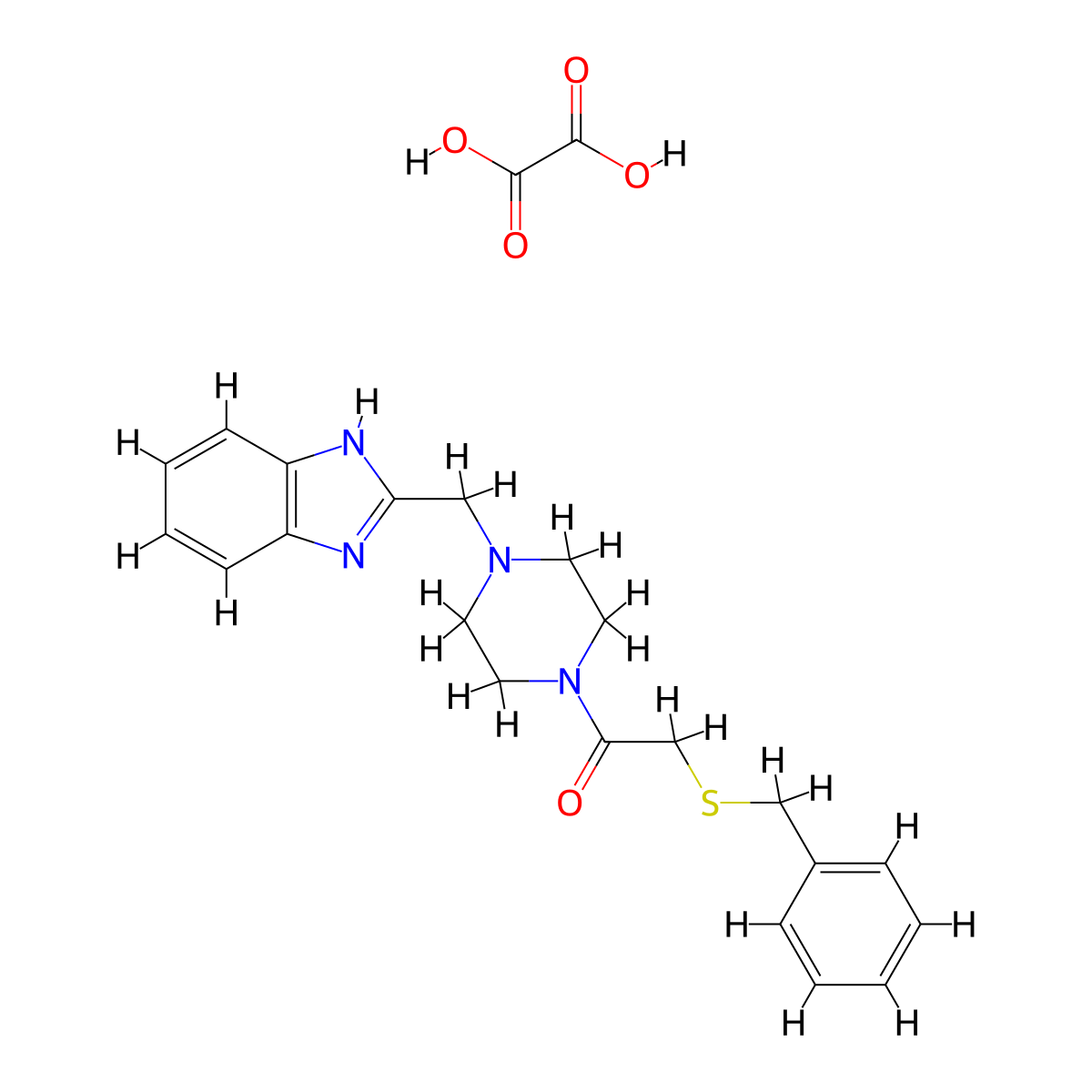 1-(4-((1H-benzo[d]imidazol-2-yl)methyl)piperazin-1-yl)-2-(benzylthio)ethanone oxalate molecular structure, CAS 1351607-10-7