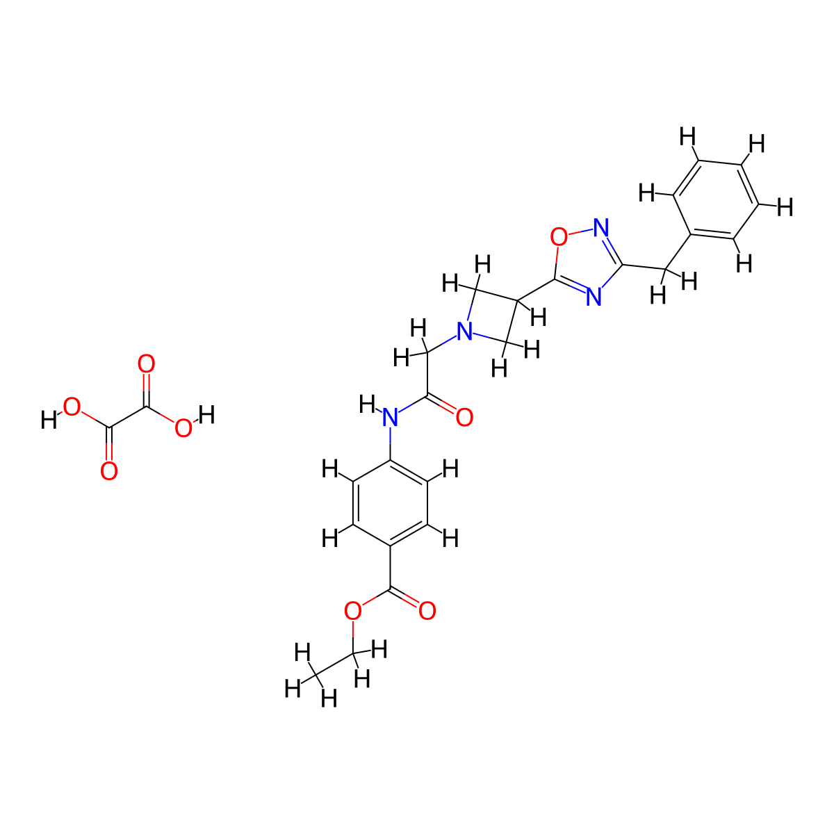 Ethyl 4-(2-(3-(3-benzyl-1,2,4-oxadiazol-5-yl)azetidin-1-yl)acetamido)benzoate oxalate molecular structure, CAS 1351607-13-0