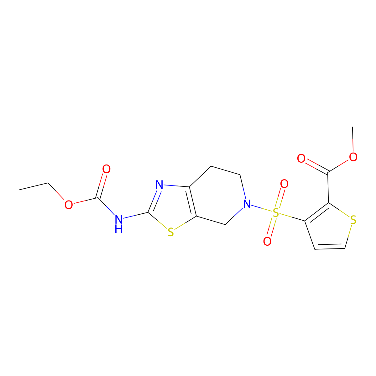 methyl 3-({2-[(ethoxycarbonyl)amino]-4H,5H,6H,7H-[1,3]thiazolo[5,4-c]pyridin-5-yl}sulfonyl)thiophene-2-carboxylate molecular structure, CAS 1351607-17-4