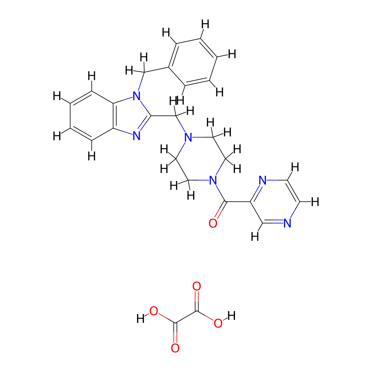 (4-((1-benzyl-1H-benzo[d]imidazol-2-yl)methyl)piperazin-1-yl)(pyrazin-2-yl)methanone oxalate molecular structure, CAS 1351607-19-6