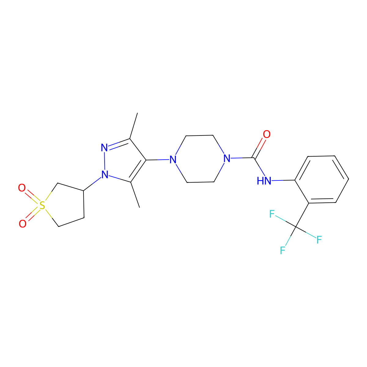 4-[1-(1,1-dioxo-1lambda6-thiolan-3-yl)-3,5-dimethyl-1H-pyrazol-4-yl]-N-[2-(trifluoromethyl)phenyl]piperazine-1-carboxamide molecular structure, CAS 1351607-30-1