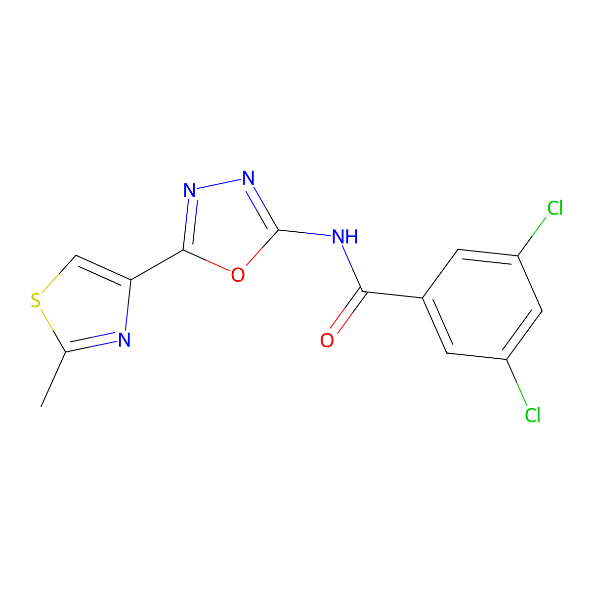 3,5-dichloro-N-(5-(2-methylthiazol-4-yl)-1,3,4-oxadiazol-2-yl)benzamide molecular structure, CAS 1351607-32-3