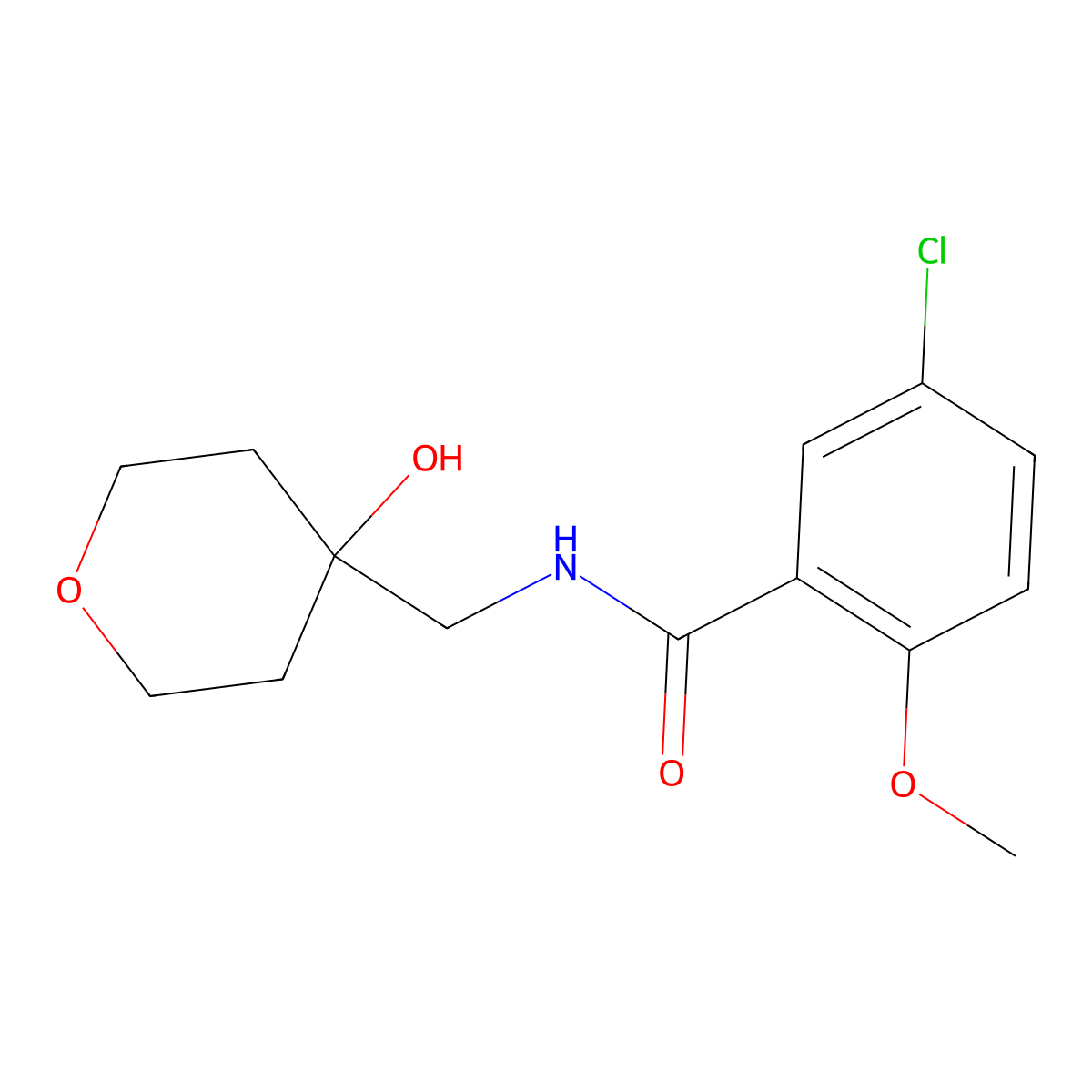 5-chloro-N-((4-hydroxytetrahydro-2H-pyran-4-yl)methyl)-2-methoxybenzamide molecular structure, CAS 1351607-38-9