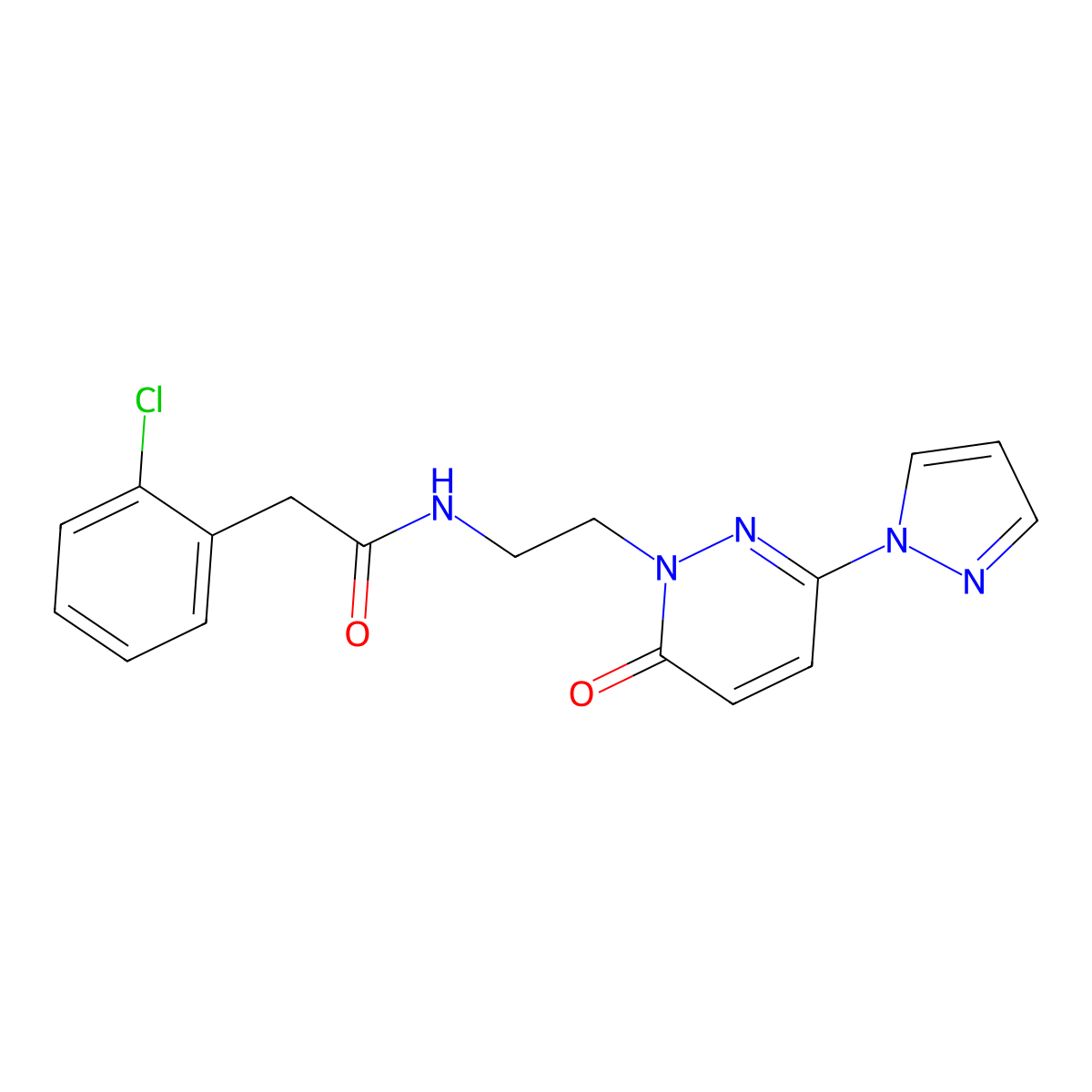 2-(2-chlorophenyl)-N-(2-(6-oxo-3-(1H-pyrazol-1-yl)pyridazin-1(6H)-yl)ethyl)acetamide molecular structure, CAS 1351607-55-0