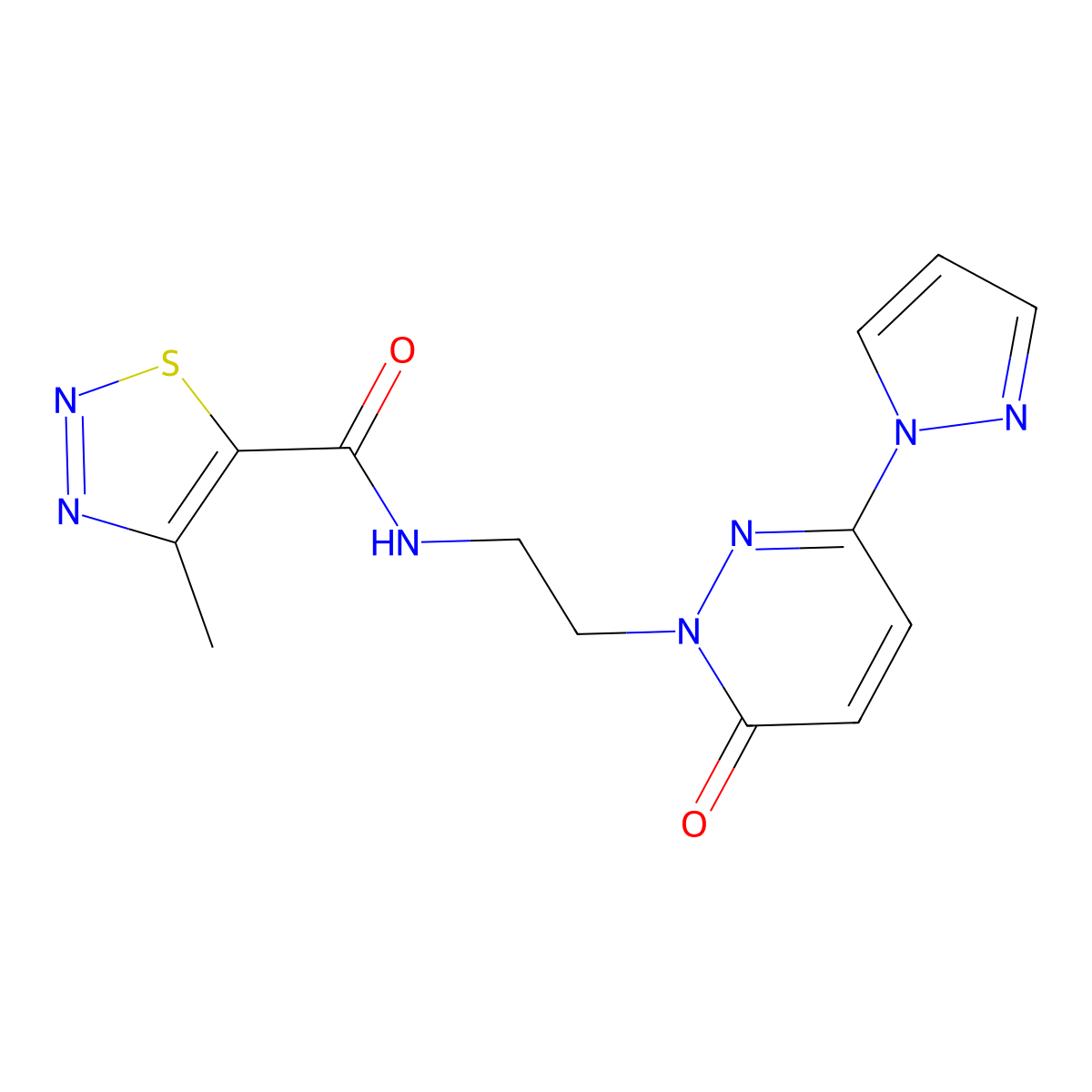 4-methyl-N-(2-(6-oxo-3-(1H-pyrazol-1-yl)pyridazin-1(6H)-yl)ethyl)-1,2,3-thiadiazole-5-carboxamide molecular structure, CAS 1351607-62-9