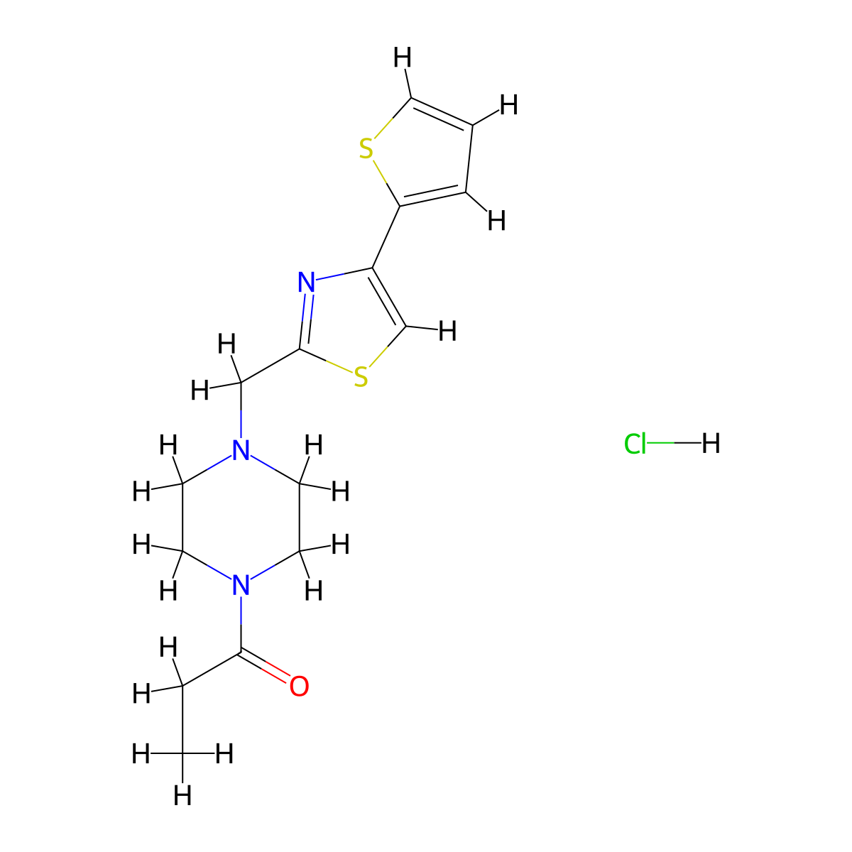1-(4-((4-(Thiophen-2-yl)thiazol-2-yl)methyl)piperazin-1-yl)propan-1-one hydrochloride molecular structure, CAS 1351607-81-2