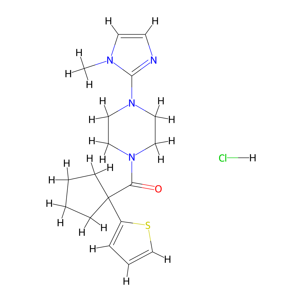 (4-(1-methyl-1H-imidazol-2-yl)piperazin-1-yl)(1-(thiophen-2-yl)cyclopentyl)methanone hydrochloride molecular structure, CAS 1351608-00-8