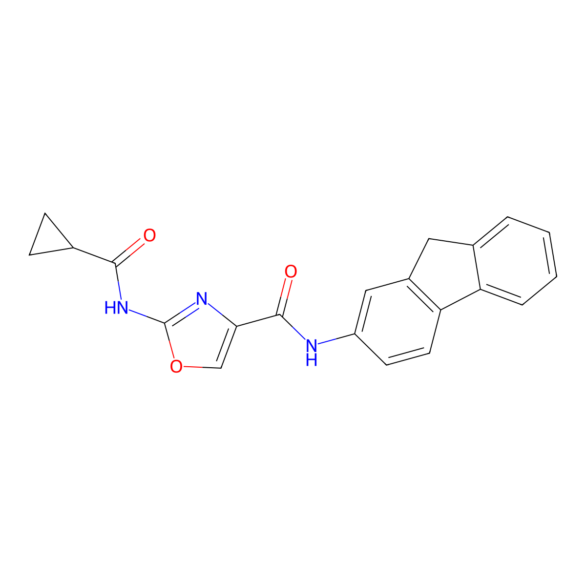2-(cyclopropanecarboxamido)-N-(9H-fluoren-2-yl)oxazole-4-carboxamide molecular structure, CAS 1351608-03-1