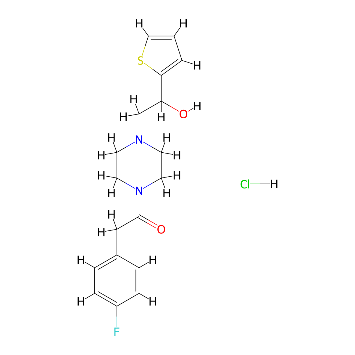 2-(4-Fluorophenyl)-1-(4-(2-hydroxy-2-(thiophen-2-yl)ethyl)piperazin-1-yl)ethanone hydrochloride molecular structure, CAS 1351608-04-2