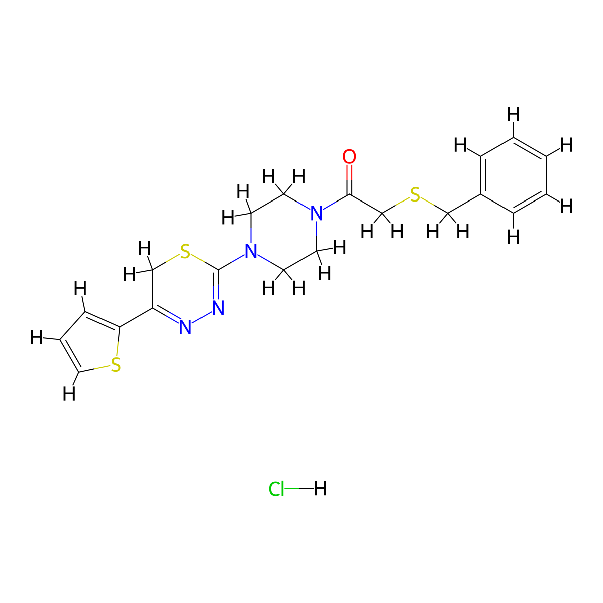 2-(benzylthio)-1-(4-(5-(thiophen-2-yl)-6H-1,3,4-thiadiazin-2-yl)piperazin-1-yl)ethanone hydrochloride molecular structure, CAS 1351608-08-6