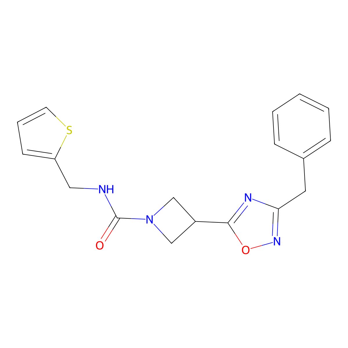 3-(3-benzyl-1,2,4-oxadiazol-5-yl)-N-(thiophen-2-ylmethyl)azetidine-1-carboxamide molecular structure, CAS 1351608-14-4