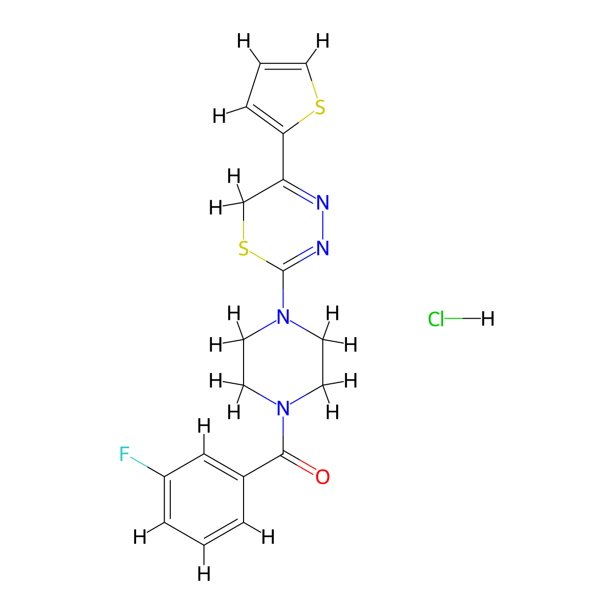 (3-fluorophenyl)(4-(5-(thiophen-2-yl)-6H-1,3,4-thiadiazin-2-yl)piperazin-1-yl)methanone hydrochloride molecular structure, CAS 1351608-20-2