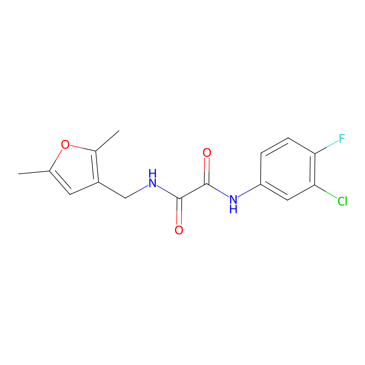 N1-(3-chloro-4-fluorophenyl)-N2-((2,5-dimethylfuran-3-yl)methyl)oxalamide molecular structure, CAS 1351608-71-3