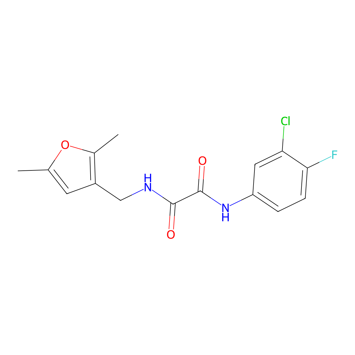 N1-(3-chloro-4-fluorophenyl)-N2-((2,5-dimethylfuran-3-yl)methyl)oxalamide molecular structure, CAS 1351608-71-3
