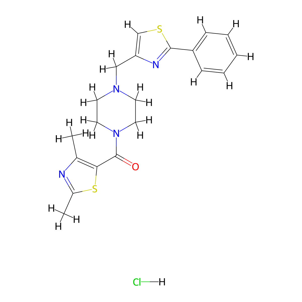 (2,4-Dimethylthiazol-5-yl)(4-((2-phenylthiazol-4-yl)methyl)piperazin-1-yl)methanone hydrochloride molecular structure, CAS 1351608-77-9