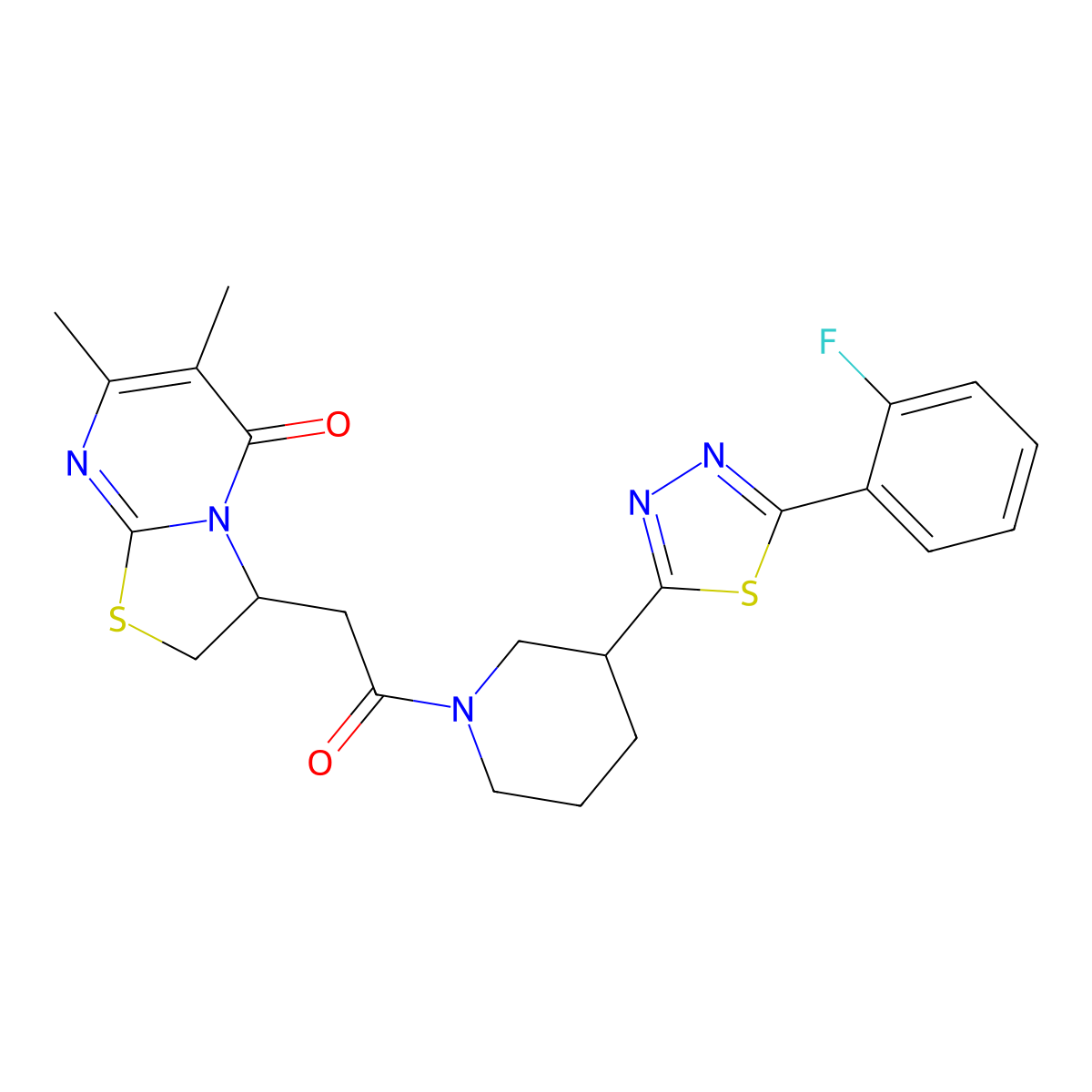 3-(2-(3-(5-(2-fluorophenyl)-1,3,4-thiadiazol-2-yl)piperidin-1-yl)-2-oxoethyl)-6,7-dimethyl-2H-thiazolo[3,2-a]pyrimidin-5(3H)-one molecular structure, CAS 1351608-78-0