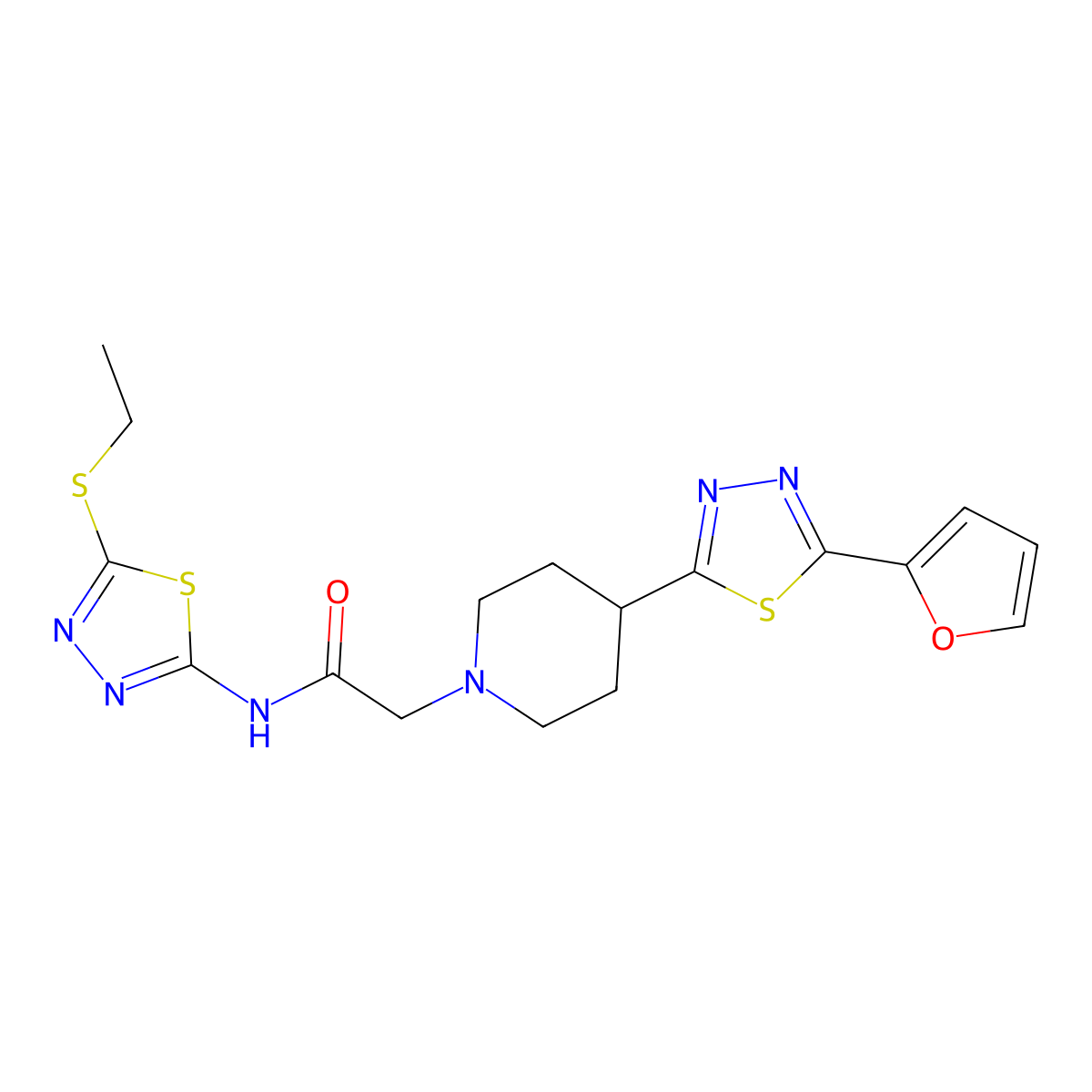 N-(5-(ethylthio)-1,3,4-thiadiazol-2-yl)-2-(4-(5-(furan-2-yl)-1,3,4-thiadiazol-2-yl)piperidin-1-yl)acetamide molecular structure, CAS 1351608-99-5