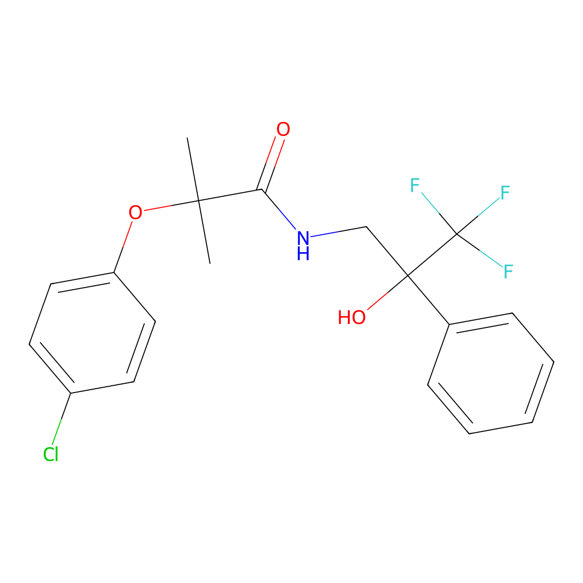 2-(4-chlorophenoxy)-2-methyl-N-(3,3,3-trifluoro-2-hydroxy-2-phenylpropyl)propanamide molecular structure, CAS 1351609-06-7