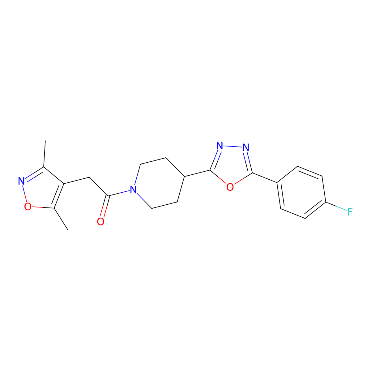 2-(3,5-Dimethylisoxazol-4-yl)-1-(4-(5-(4-fluorophenyl)-1,3,4-oxadiazol-2-yl)piperidin-1-yl)ethanone molecular structure, CAS 1351609-31-8