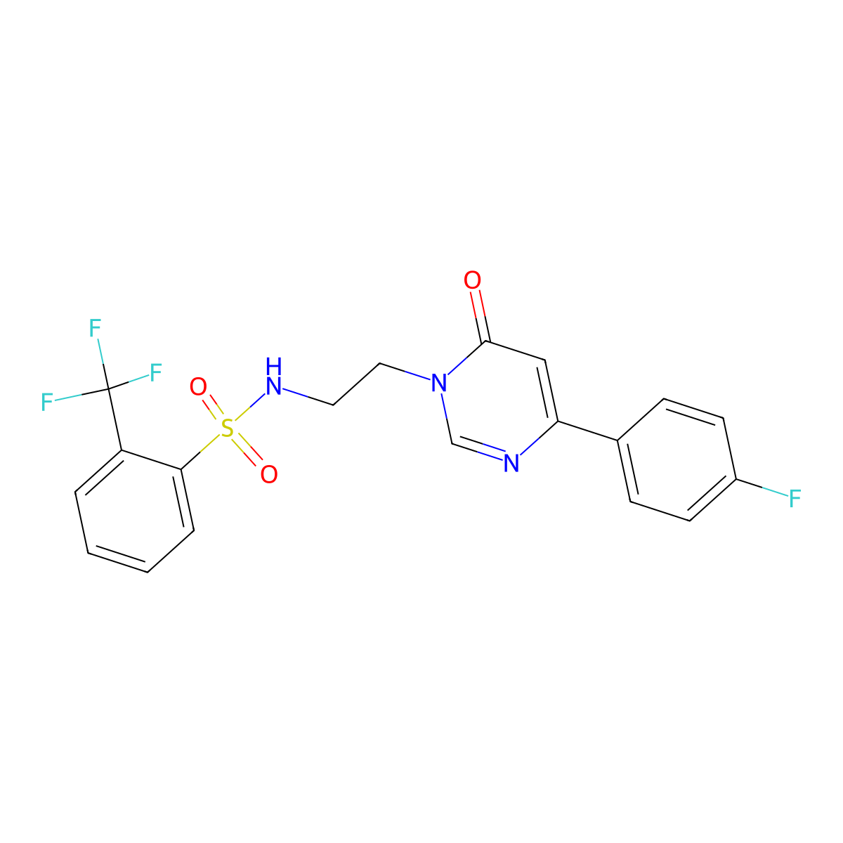 N-(2-(4-(4-fluorophenyl)-6-oxopyrimidin-1(6H)-yl)ethyl)-2-(trifluoromethyl)benzenesulfonamide molecular structure, CAS 1351609-36-3
