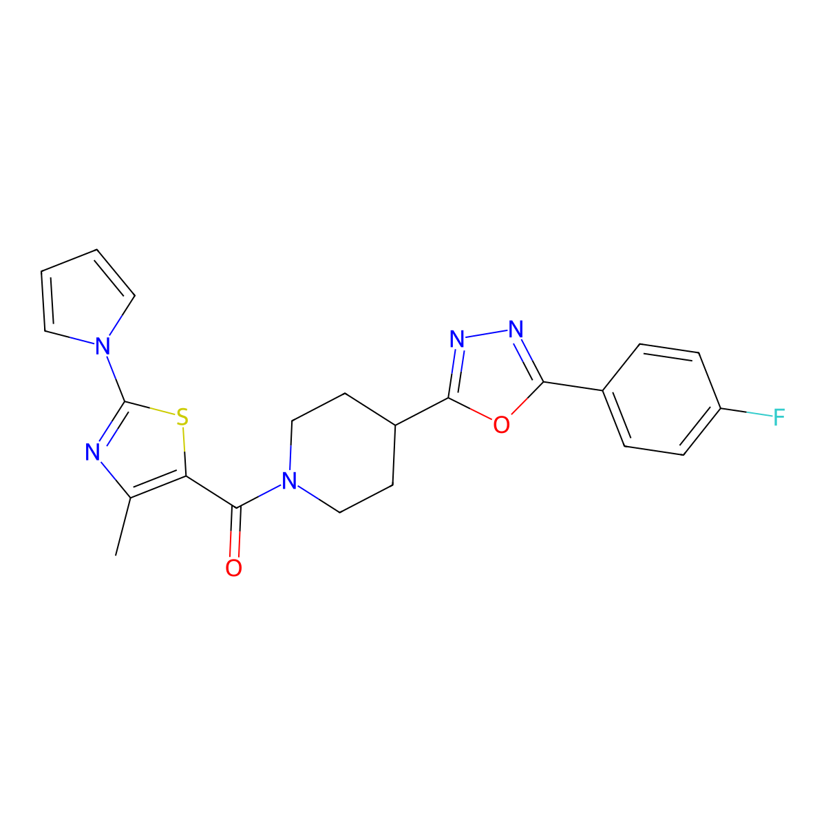 (4-(5-(4-fluorophenyl)-1,3,4-oxadiazol-2-yl)piperidin-1-yl)(4-methyl-2-(1H-pyrrol-1-yl)thiazol-5-yl)methanone molecular structure, CAS 1351609-45-4