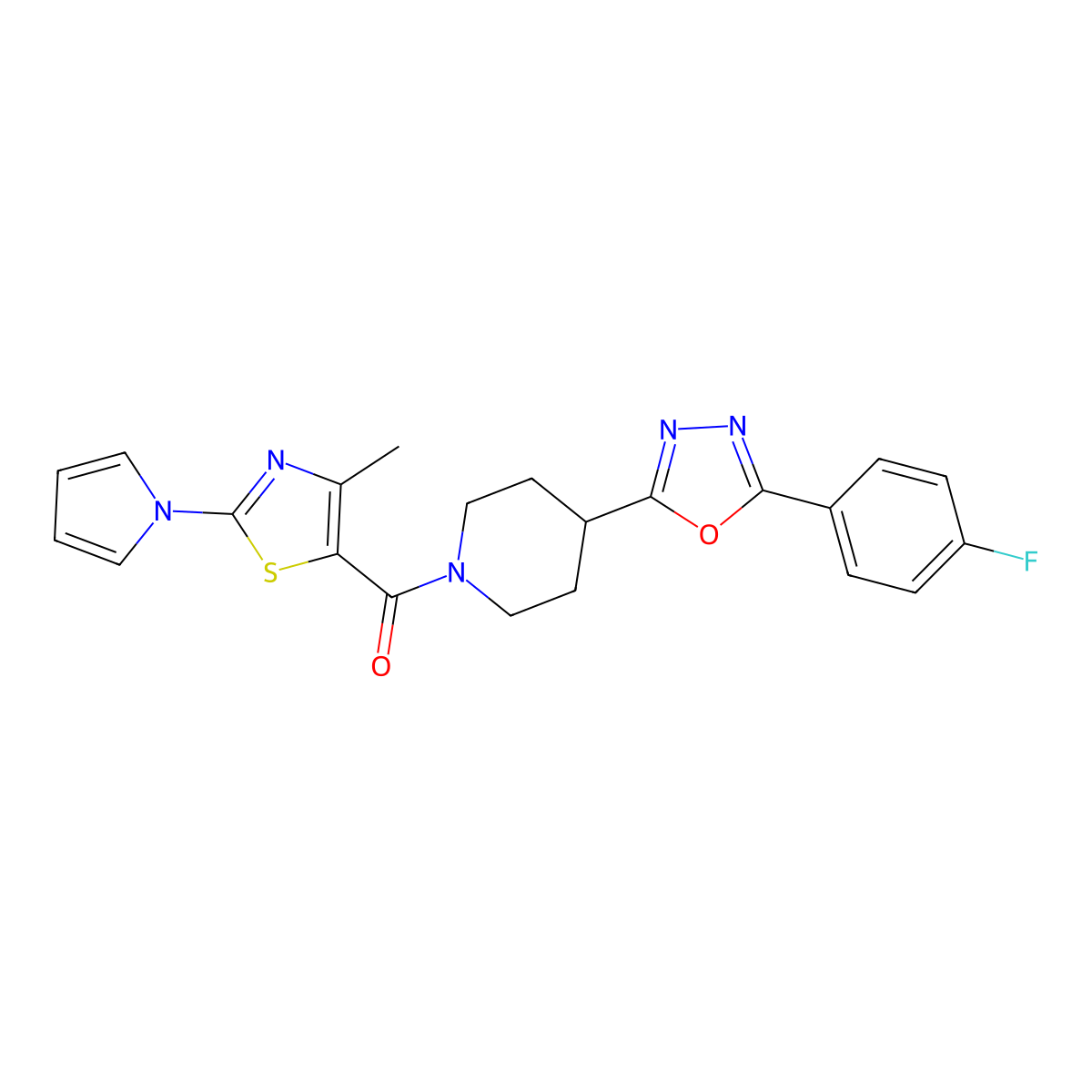 (4-(5-(4-fluorophenyl)-1,3,4-oxadiazol-2-yl)piperidin-1-yl)(4-methyl-2-(1H-pyrrol-1-yl)thiazol-5-yl)methanone molecular structure, CAS 1351609-45-4