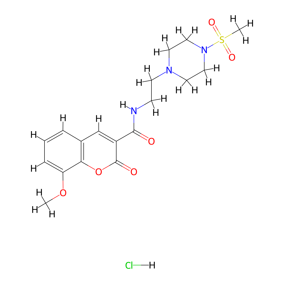 8-methoxy-N-(2-(4-(methylsulfonyl)piperazin-1-yl)ethyl)-2-oxo-2H-chromene-3-carboxamide hydrochloride molecular structure, CAS 1351609-53-4